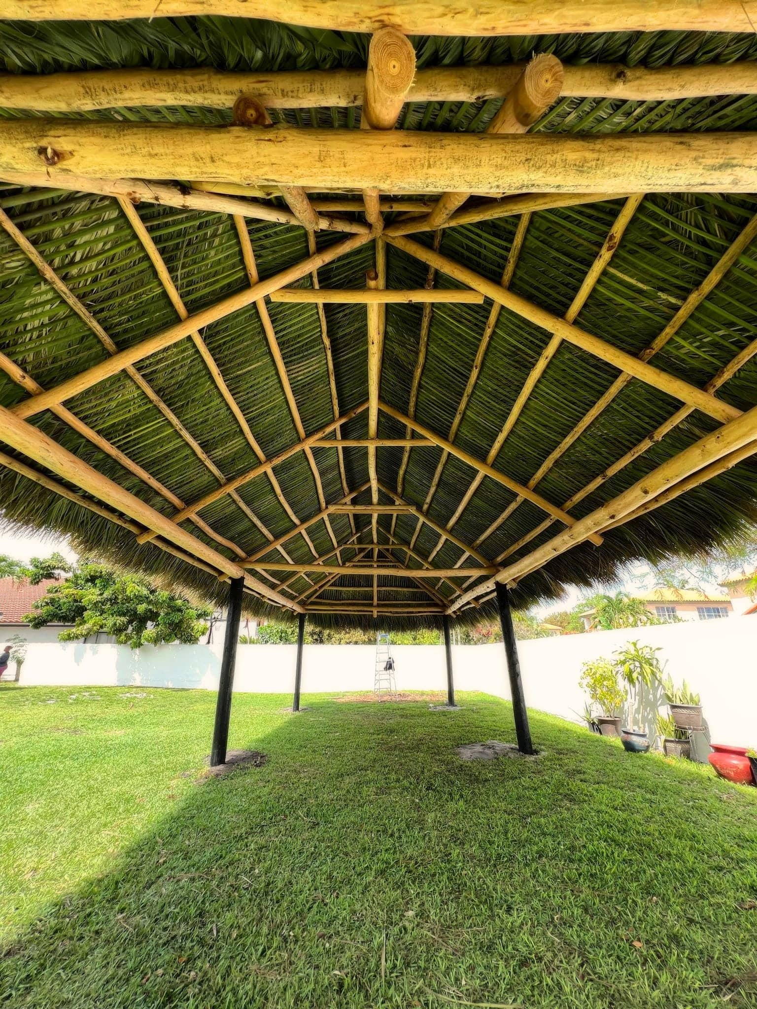 Tiki built over grass in a backyard